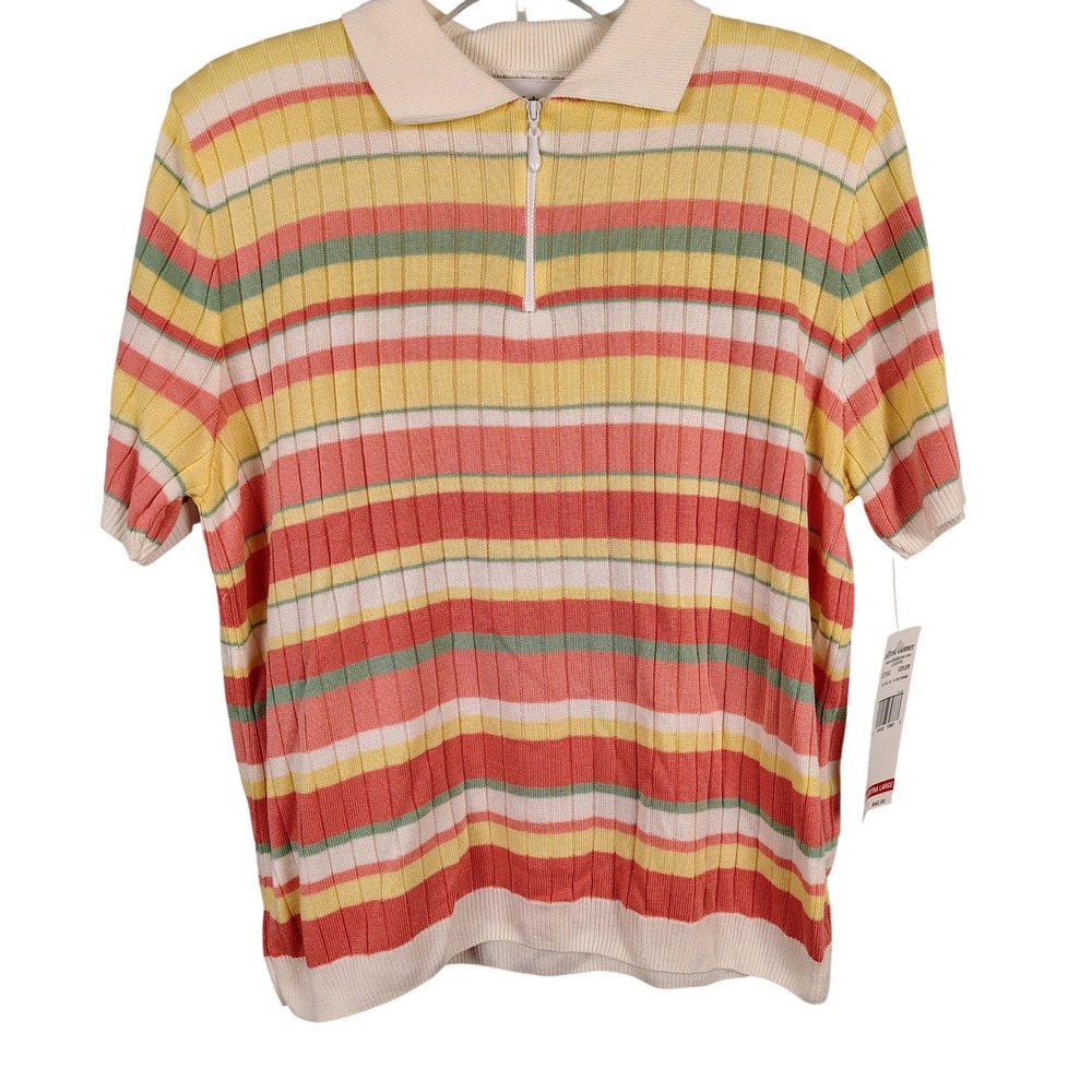 NWT Alfred Dunner Womens XL Lucaya Polo Shirt Multicolor Striped Ribbed Retro